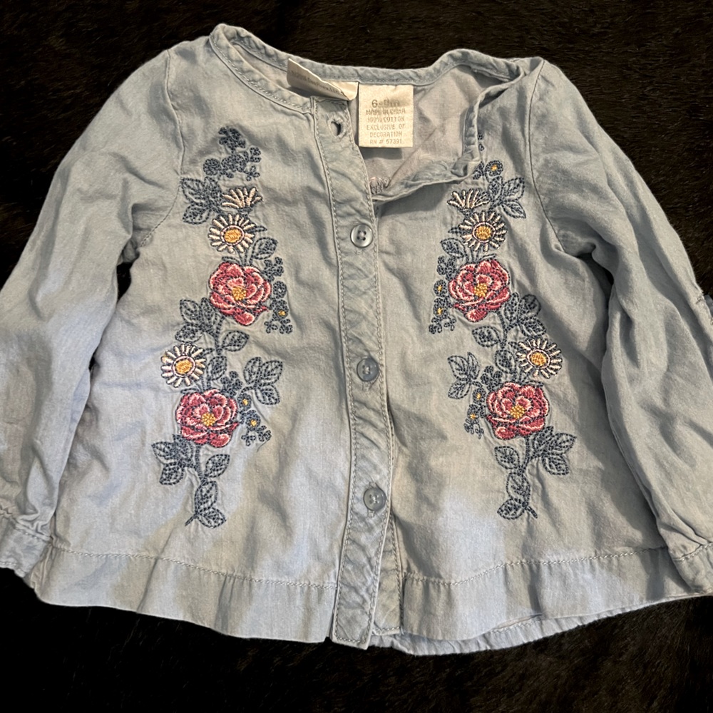 Baby Girls Embroidered Jean Long Sleeve Shirt; 6-9 months